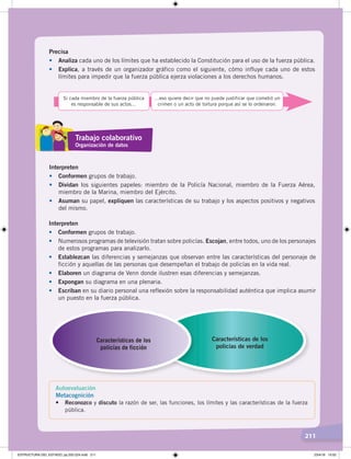 211
Precisa
• Analiza cada uno de los límites que ha establecido la Constitución para el uso de la fuerza pública.
• Explica, a través de un organizador gráfico como el siguiente, cómo influye cada uno de estos
límites para impedir que la fuerza pública ejerza violaciones a los derechos humanos.
Si cada miembro de la fuerza pública
es responsable de sus actos…
…eso quiere decir que no puede justificar que cometió un
crimen o un acto de tortura porque así se lo ordenaron.
Interpreten
• Conformen grupos de trabajo.
• Dividan los siguientes papeles: miembro de la Policía Nacional, miembro de la Fuerza Aérea,
miembro de la Marina, miembro del Ejército.
• Asuman su papel, expliquen las características de su trabajo y los aspectos positivos y negativos
del mismo.
Interpreten
• Conformen grupos de trabajo.
• Numerosos programas de televisión tratan sobre policías. Escojan, entre todos, uno de los personajes
de estos programas para analizarlo.
• Establezcan las diferencias y semejanzas que observan entre las características del personaje de
ficción y aquellas de las personas que desempeñan el trabajo de policías en la vida real.
• Elaboren un diagrama de Venn donde ilustren esas diferencias y semejanzas.
• Expongan su diagrama en una plenaria.
• Escriban en su diario personal una reflexión sobre la responsabilidad auténtica que implica asumir
un puesto en la fuerza pública.
Características de los
policías de ficción
Características de los
policías de verdad
Trabajo colaborativo
Organización de datos
Autoevaluación
Metacognición
• Reconozco y discuto la razón de ser, las funciones, los límites y las características de la fuerza
pública.
ESTRUCTURA DEL ESTADO; pp.202-224.indd 211 23/4/19 15:02
 
