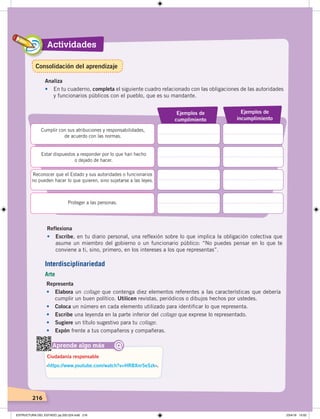 Actividades
216
Analiza
• En tu cuaderno, completa el siguiente cuadro relacionado con las obligaciones de las autoridades
y funcionarios públicos con el pueblo, que es su mandante.
Ejemplos de
incumplimiento
Ejemplos de
cumplimiento
Cumplir con sus atribuciones y responsabilidades,
de acuerdo con las normas.
Estar dispuestos a responder por lo que han hecho
o dejado de hacer.
Reconocer que el Estado y sus autoridades o funcionarios
no pueden hacer lo que quieren, sino sujetarse a las leyes.
Proteger a las personas.
Reflexiona
• Escribe, en tu diario personal, una reflexión sobre lo que implica la obligación colectiva que
asume un miembro del gobierno o un funcionario público: “No puedes pensar en lo que te
conviene a ti, sino, primero, en los intereses a los que representas”.
Aprende algo más
‹https://www.youtube.com/watch?v=HRBXnr5eSzk›.
Ciudadanía responsable
@
Representa
• Elabora un collage que contenga diez elementos referentes a las características que debería
cumplir un buen político. Utilicen revistas, periódicos o dibujos hechos por ustedes.
• Coloca un número en cada elemento utilizado para identificar lo que representa.
• Escribe una leyenda en la parte inferior del collage que exprese lo representado.
• Sugiere un título sugestivo para tu collage.
• Expón frente a tus compañeros y compañeras.
Interdisciplinariedad
Arte
Consolidación del aprendizaje
ESTRUCTURA DEL ESTADO; pp.202-224.indd 216 23/4/19 15:02
 