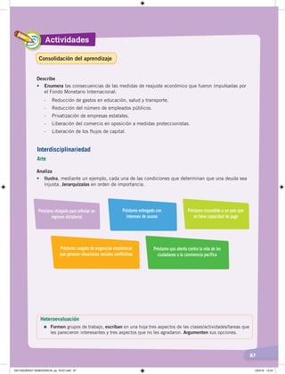 Actividades
87
Analiza
• Ilustra, mediante un ejemplo, cada una de las condiciones que determinan que una deuda sea
injusta. Jerarquízalas en orden de importancia.
Préstamo otorgado para reforzar un
régimen dictatorial
Préstamo cargado de exigencias económicas
que generan situaciones sociales conflictivas
Préstamo que atenta contra la vida de los
ciudadanos o la convivencia pacífica
Préstamo entregado con
intereses de usuras
Préstamo concedido a un país que
no tiene capacidad de pago
Describe
•	 Enumera las consecuencias de las medidas de reajuste económico que fueron impulsadas por
el Fondo Monetario Internacional:
- Reducción de gastos en educación, salud y transporte.
- Reducción del número de empleados públicos.
- Privatización de empresas estatales.
- Liberación del comercio en oposición a medidas proteccionistas.
- Liberación de los flujos de capital.
Interdisciplinariedad
Arte
Heteroevaluación
=	Formen grupos de trabajo, escriban en una hoja tres aspectos de las clases/actividades/tareas que
les parecieron interesantes y tres aspectos que no les agradaron. Argumenten sus opciones.
Consolidación del aprendizaje
DICTADURASY DEMOCRACIA; pp. 70-97.indd 87 23/4/19 12:54
 