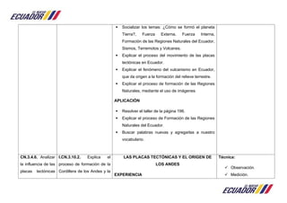  Socializar los temas: ¿Cómo se formó el planeta
Tierra?, Fuerza Externa, Fuerza Interna,
Formación de las Regiones Naturales del Ecuador,
Sismos, Terremotos y Volcanes.
 Explicar el proceso del movimiento de las placas
tectónicas en Ecuador.
 Explicar el fenómeno del vulcanismo en Ecuador,
que da origen a la formación del relieve terrestre.
 Explicar el proceso de formación de las Regiones
Naturales, mediante el uso de imágenes.
APLICACIÓN
 Resolver el taller de la página 196.
 Explicar el proceso de Formación de las Regiones
Naturales del Ecuador.
 Buscar palabras nuevas y agregarlas a nuestro
vocabulario.
CN.3.4.6. Analizar
la influencia de las
placas tectónicas
I.CN.3.10.2. Explica el
proceso de formación de la
Cordillera de los Andes y la
LAS PLACAS TECTÓNICAS Y EL ORIGEN DE
LOS ANDES
EXPERIENCIA
Técnica:
 Observación.
 Medición.
 