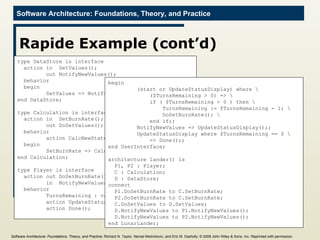 Rapide Example (cont’d) type DataStore is interface action in  SetValues(); out NotifyNewValues(); behavior begin SetValues => NotifyNewValues();; end DataStore; type Calculation is interface action in  SetBurnRate(); out DoSetValues(); behavior action CalcNewState(); begin SetBurnRate => CalcNewState(); DoSetValues();; end Calculation; type Player is interface action out DoSetBurnRate(); in  NotifyNewValues(); behavior TurnsRemaining : var integer := 1; action UpdateStatusDisplay(); action Done(); begin (start or UpdateStatusDisplay) where \  ($TurnsRemaining > 0) => \ if ( $TurnsRemaining > 0 ) then \ TurnsRemaining := $TurnsRemaining - 1; \  DoSetBurnRate(); \ end if;; NotifyNewValues => UpdateStatusDisplay();; UpdateStatusDisplay where $TurnsRemaining == 0 \ => Done();; end UserInterface; architecture lander() is P1, P2 : Player; C : Calculation; D : DataStore; connect P1.DoSetBurnRate to C.SetBurnRate; P2.DoSetBurnRate to C.SetBurnRate; C.DoSetValues to D.SetValues; D.NotifyNewValues to P1.NotifyNewValues(); D.NotifyNewValues to P2.NotifyNewValues(); end LunarLander; Software Architecture: Foundations, Theory, and Practice ; Richard N. Taylor, Nenad Medvidovic, and Eric M. Dashofy; ©  2008 John Wiley & Sons, Inc. Reprinted with permission.   
