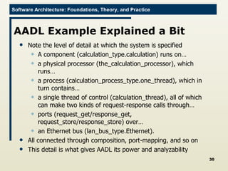 AADL Example Explained a Bit Note the level of detail at which the system is specified A component (calculation_type.calculation) runs on… a physical processor (the_calculation_processor), which runs… a process (calculation_process_type.one_thread), which in turn contains… a single thread of control (calculation_thread), all of which can make two kinds of request-response calls through… ports (request_get/response_get, request_store/response_store) over… an Ethernet bus (lan_bus_type.Ethernet).  All connected through composition, port-mapping, and so on This detail is what gives AADL its power and analyzability 