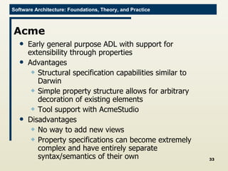 Acme Early general purpose ADL with support for extensibility through properties Advantages Structural specification capabilities similar to Darwin Simple property structure allows for arbitrary decoration of existing elements Tool support with AcmeStudio Disadvantages No way to add new views Property specifications can become extremely complex and have entirely separate syntax/semantics of their own 