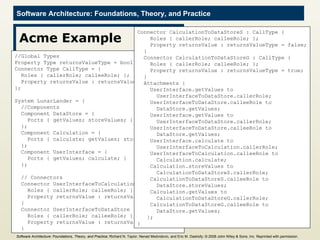 Acme Example //Global Types Property Type returnsValueType = bool; Connector Type CallType = { Roles { callerRole; calleeRole; }; Property returnsValue : returnsValueType;  }; System LunarLander = { //Components Component DataStore = {  Ports { getValues; storeValues; } }; Component Calculation = { Ports { calculate; getValues; storeValues; } }; Component UserInterface = { Ports { getValues; calculate; } }; // Connectors Connector UserInterfaceToCalculation : CallType { Roles { callerRole; calleeRole; }; Property returnsValue : returnsValueType = true; } Connector UserInterfaceToDataStore : CallType { Roles { callerRole; calleeRole; }; Property returnsValue : returnsValueType = true; } Connector CalculationToDataStoreS : CallType { Roles { callerRole; calleeRole; }; Property returnsValue : returnsValueType = false; } Connector CalculationToDataStoreG : CallType { Roles { callerRole; calleeRole; }; Property returnsValue : returnsValueType = true; } Attachments { UserInterface.getValues to    UserInterfaceToDataStore.callerRole; UserInterfaceToDataStore.calleeRole to DataStore.getValues; UserInterface.getValues to    UserInterfaceToDataStore.callerRole; UserInterfaceToDataStore.calleeRole to DataStore.getValues; UserInterface.calculate to UserInterfaceToCalculation.callerRole; UserInterfaceToCalculation.calleeRole to Calculation.calculate; Calculation.storeValues to  CalculationToDataStoreS.callerRole; CalculationToDataStoreS.calleeRole to DataStore.storeValues; Calculation.getValues to CalculationToDataStoreG.callerRole; CalculationToDataStoreG.calleeRole to DataStore.getValues; }; }  Software Architecture: Foundations, Theory, and Practice ; Richard N. Taylor, Nenad Medvidovic, and Eric M. Dashofy; ©  2008 John Wiley & Sons, Inc. Reprinted with permission.   