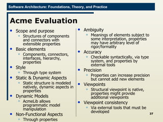 Acme Evaluation Scope and purpose Structures of components and connectors with extensible properties Basic elements Components, connectors, interfaces, hierarchy, properties Style Through type system Static & Dynamic Aspects Static structure is modeled natively, dynamic aspects in properties Dynamic Models AcmeLib allows programmatic model manipulation Non-Functional Aspects Through properties Ambiguity Meanings of elements subject to some interpretation, properties may have arbitrary level of rigor/formality Accuracy Checkable syntactically, via type system, and properties by external tools Precision Properties can increase precision but cannot add new elements Viewpoints Structural viewpoint is native, properties might provide additional viewpoints Viewpoint consistency Via external tools that must be developed 