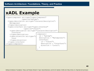 xADL Example <types:component xsi:type="types:Component"    types:id="myComp"> <types:description xsi:type="instance:Description">   MyComponent </types:description>  <types:interface xsi:type="types:Interface"  types:id="iface1"> <types:description xsi:type="instance:Description"> Interface1 </types:description> <types:direction xsi:type="instance:Direction"> inout </types:direction> </types:interface> </types:component> component{ id = "myComp"; description = "MyComponent";  interface{ id = "iface1"; description = "Interface1"; direction = "inout"; } } Software Architecture: Foundations, Theory, and Practice ; Richard N. Taylor, Nenad Medvidovic, and Eric M. Dashofy; ©  2008 John Wiley & Sons, Inc. Reprinted with permission.   