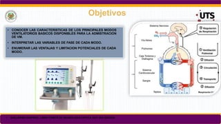 Objetivos
• CONOCER LAS CARACTERISTICAS DE LOS PRINCIPALES MODOS
VENTILATORIOS BASICOS DISPONIBLES PARA LA ADMISTRACION
DE VM.
• INTERPRETAR LAS VARIABLES DE FASE DE CADA MODO.
• ENUMERAR LAS VENTAJAS Y LIMITACION POTENCIALES DE CADA
MODO.
• GUILLERMO CHAPERO, LIBRO COMITÉ DE NEUMOLOGIA CRITICA SATI 3RA EDICION
 