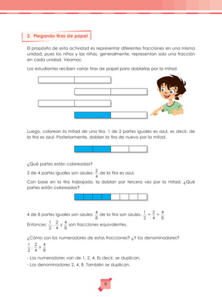 2.	 Plegando tiras de papel
El propósito de esta actividad es representar diferentes fracciones en una misma
unidad, pues los niños y las niñas, generalmente, representan solo una fracción
en cada unidad. Veamos:
Los estudiantes reciben varias tiras de papel para doblarlas por la mitad.
Luego, colorean la mitad de una tira. 1 de 2 partes iguales es azul, es decir, de
la tira es azul. Posteriormente, doblan la tira de nuevo por la mitad.
¿Qué partes están coloreadas?
2 de 4 partes iguales son azules:
2
4
de la tira es azul.
Con base en la tira trabajada, la doblan por tercera vez por la mitad. ¿Qué
partes están coloreadas?
4 de 8 partes iguales son azules:
4
8
de la tira son azules.
1
2
=
2
4
=
4
8
Entonces:
1
2
,
2
4
y
4
8
son fracciones equivalentes.
¿Cómo son los numeradores de estas fracciones? ¿Y los denominadores?
1
2
,
2
4
y
4
8
- Los numeradores van de 1, 2, 4. Es decir, se duplican.
- Los denominadores 2, 4, 8. También se duplican.
9
 