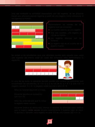 Una vez realizada la actividad exploratoria con las regletas, se les propone
hacer una alfombra usando regletas a partir de una regleta como referencia. Si
escogemos la marrón:
Se aclaró a los estudiantes que una alfombra bonita sería aquella que usara
solo regletas del mismo color en cada fila. Entonces, ellos determinaron lo
siguiente:
En una de las aulas, la docente decidió escribir con acierto las relaciones que
encontraron los estudiantes: 8 = 4 × 2 y 2 es 1/4 de 8; ¼ × 8 = 2; 2/4 × 8 = 4
(regleta rosada); ¾ × 8 = 6 (regleta verde oscura) y 4/4 × 8 = 8
-	 Niña: La naranja equivale a 5 rojas.
-	 Docente (escribe en la pizarra):
5/4 × 8 = 10
-	 Niña: No entiendo por qué ¾ × 8 es
la regleta verde oscura.
-	 Docente (indica la resolución): Vamos a retomar la alfombra para verificar
que la regleta verde oscura recubre exactamente 3 regletas rojas; es decir,
¾ de 8 es 6. También, esta regleta recubre 3/2 de una rosada: 3/2 × 4 = 6.
Reconocieron los valores de las
regletas que ya conocían:
•	 La marrón vale 8 y es una regleta.
•	Hay dos rosadas, una regleta es
1/2 de la marrón.
•	Las regletas blancas son los
octavos.
•	 La regleta roja es un cuarto de la
regleta marrón.
8
 