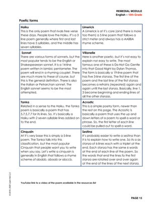 REMEDIAL MODULE
English – 10th Grade
PAGE 13
Poetic forms
YouTube link to a video of the poem available in the resources list
©2019,2020LearnAidLLC
Haiku
This is the only poem that rivals free verse
these days. People love the Haiku. It’s a 3
line poem generally where first and last
lines have 5 syllables, and the middle has
seven syllables.
Limerick
A Limerick is at it’s core (and there is more
too them) a 5 line poem that follows a
strict meter and always has a AABBA
rhyme scheme.
Sonnet
There are various forms of sonnets, but the
most popular tends to be the English or
Shakespearean sonnet. It is a 14-line
poem written in iambic pentameter. The
poem will end in a rhyming couplet. There
are much more to these of course, but
this is the general definition. There is also
the Italian or Petrarchan sonnet. The
English sonnet seems to be the most
attempted.
Villanelle
Here is another poetic, but it’s not easy to
explain nor easy to write. The most
famous one of these is Do Not Go Gentle
into that Good Night by Dylan Thomas.
The form is basically a 19-line poem that
has five 3-line stanzas. The first line of the
poem and the last line of the first stanza
becomes a refrains (repeated) again and
again until the last stanza. Basically, line 1,
3 become beginning and ending lines of
all the other stanzas.
Tanka
Related in a sense to the Haiku, the Tanka
poem is basically a poem that has
5,7,5,7,7 for its lines. So, it’s basically a
Haiku with 2 seven syllable lines added on
to the end.
Acrostic
This is a simple poetry form, newer than
the rest on this page. The Acrostic is
basically a poem that uses the up and
down letters of a poem to spell a word or
phrase. So, the first letter of each line
could be pulled out to spell a word.
Cinquain
At it’s very base this is simply a 5-line
poem. The Tanka falls into this
classification, but the most popular
Cinquain that people want you to write
when you say, Let’s write a cinquain is
generally in English that follows a rhyme
scheme of ababb, abaab or abccb.
Sestina
It’s probably easier to write a sestina than
it is to explain how to write one. So its a six
stanza of 6-lines each with a triplet at the
end. Each stanza has the same 6 words
at the end of each line of the poem. So
the words that end the lines fo the first
stanza are rotated over and over again
at the end of the lines of the next stanza.
 