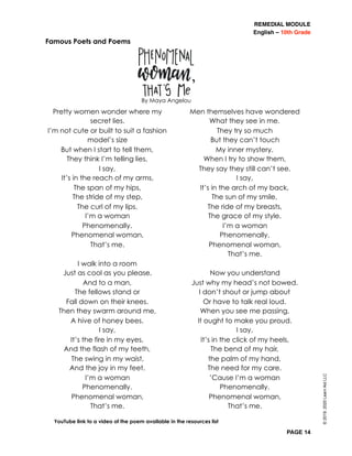 REMEDIAL MODULE
English – 10th Grade
PAGE 14
Famous Poets and Poems
©2019,2020LearnAidLLC
Pretty women wonder where my
secret lies.
I’m not cute or built to suit a fashion
model’s size
But when I start to tell them,
They think I’m telling lies.
I say,
It’s in the reach of my arms,
The span of my hips,
The stride of my step,
The curl of my lips.
I’m a woman
Phenomenally.
Phenomenal woman,
That’s me.
I walk into a room
Just as cool as you please,
And to a man,
The fellows stand or
Fall down on their knees.
Then they swarm around me,
A hive of honey bees.
I say,
It’s the fire in my eyes,
And the flash of my teeth,
The swing in my waist,
And the joy in my feet.
I’m a woman
Phenomenally.
Phenomenal woman,
That’s me.
Men themselves have wondered
What they see in me.
They try so much
But they can’t touch
My inner mystery.
When I try to show them,
They say they still can’t see.
I say,
It’s in the arch of my back,
The sun of my smile,
The ride of my breasts,
The grace of my style.
I’m a woman
Phenomenally.
Phenomenal woman,
That’s me.
Now you understand
Just why my head’s not bowed.
I don’t shout or jump about
Or have to talk real loud.
When you see me passing,
It ought to make you proud.
I say,
It’s in the click of my heels,
The bend of my hair,
the palm of my hand,
The need for my care.
’Cause I’m a woman
Phenomenally.
Phenomenal woman,
That’s me.
YouTube link to a video of the poem available in the resources list
By Maya Angelou
 