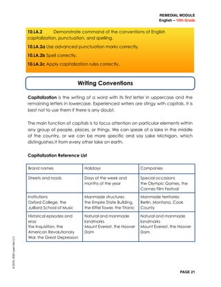 REMEDIAL MODULE
English – 10th Grade
PAGE 21
	 	 Writing Conventions
Capitalization is the writing of a word with its first letter in uppercase and the
remaining letters in lowercase. Experienced writers are stingy with capitals. It is
best not to use them if there is any doubt.
The main function of capitals is to focus attention on particular elements within
any group of people, places, or things. We can speak of a lake in the middle
of the country, or we can be more specific and say Lake Michigan, which
distinguishes it from every other lake on earth.
Capitalization Reference List
Brand names Holidays Companies
Streets and roads Days of the week and
months of the year
Special occasions
the Olympic Games, the
Cannes Film Festival
Institutions
Oxford College, the
Juilliard School of Music
Manmade structures
the Empire State Building,
the Eiffel Tower, the Titanic
Manmade territories
Berlin, Montana, Cook
County
Historical episodes and
eras
the Inquisition, the
American Revolutionary
War, the Great Depression
Natural and manmade
landmarks
Mount Everest, the Hoover
Dam
Natural and manmade
landmarks
Mount Everest, the Hoover
Dam
10.LA.2 Demonstrate command of the conventions of English
capitalization, punctuation, and spelling.
10.LA.2a Use advanced punctuation marks correctly.
10.LA.2b Spell correctly.
10.LA.2c Apply capitalization rules correctly.
©2019,2020LearnAidLLC
 