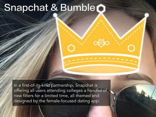 Snapchat & Bumble
In a first-of-its-kind partnership, Snapchat is
offering all users attending colleges a handful of
new filters for a limited time, all themed and
designed by the female-focused dating app.
 