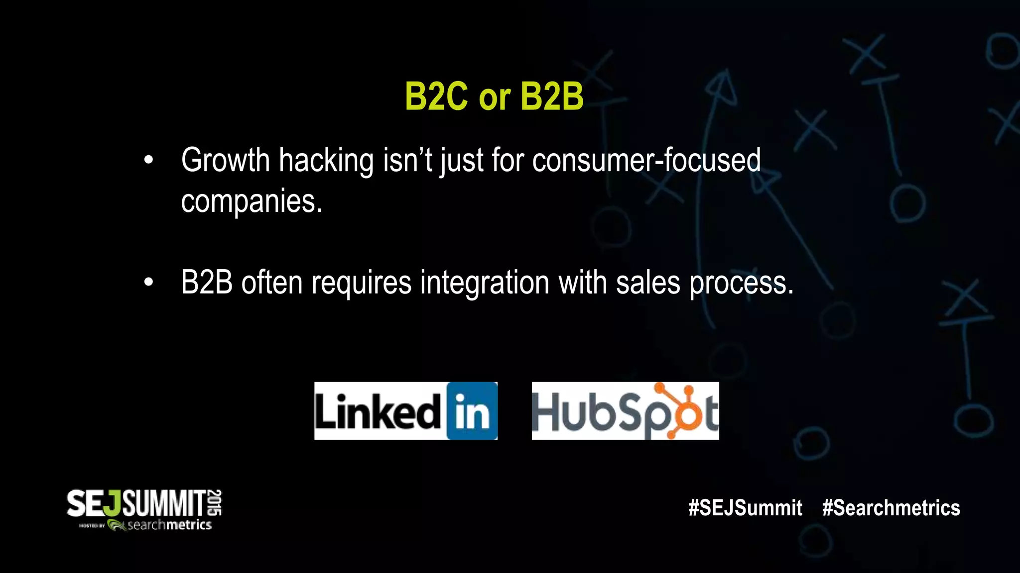 B2C or B2B
• Growth hacking isn’t just for consumer-focused
companies.
• B2B often requires integration with sales process.
#SEJSummit #Searchmetrics
 
