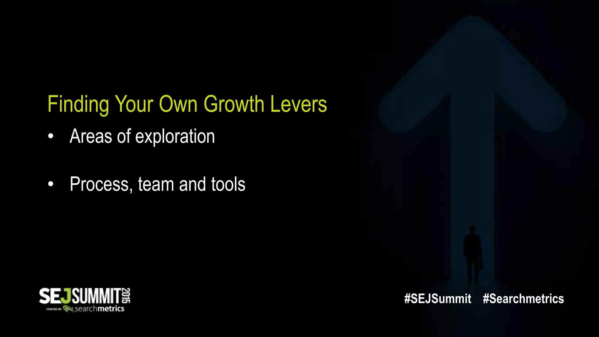Finding Your Own Growth Levers
• Areas of exploration
• Process, team and tools
#SEJSummit #Searchmetrics
 