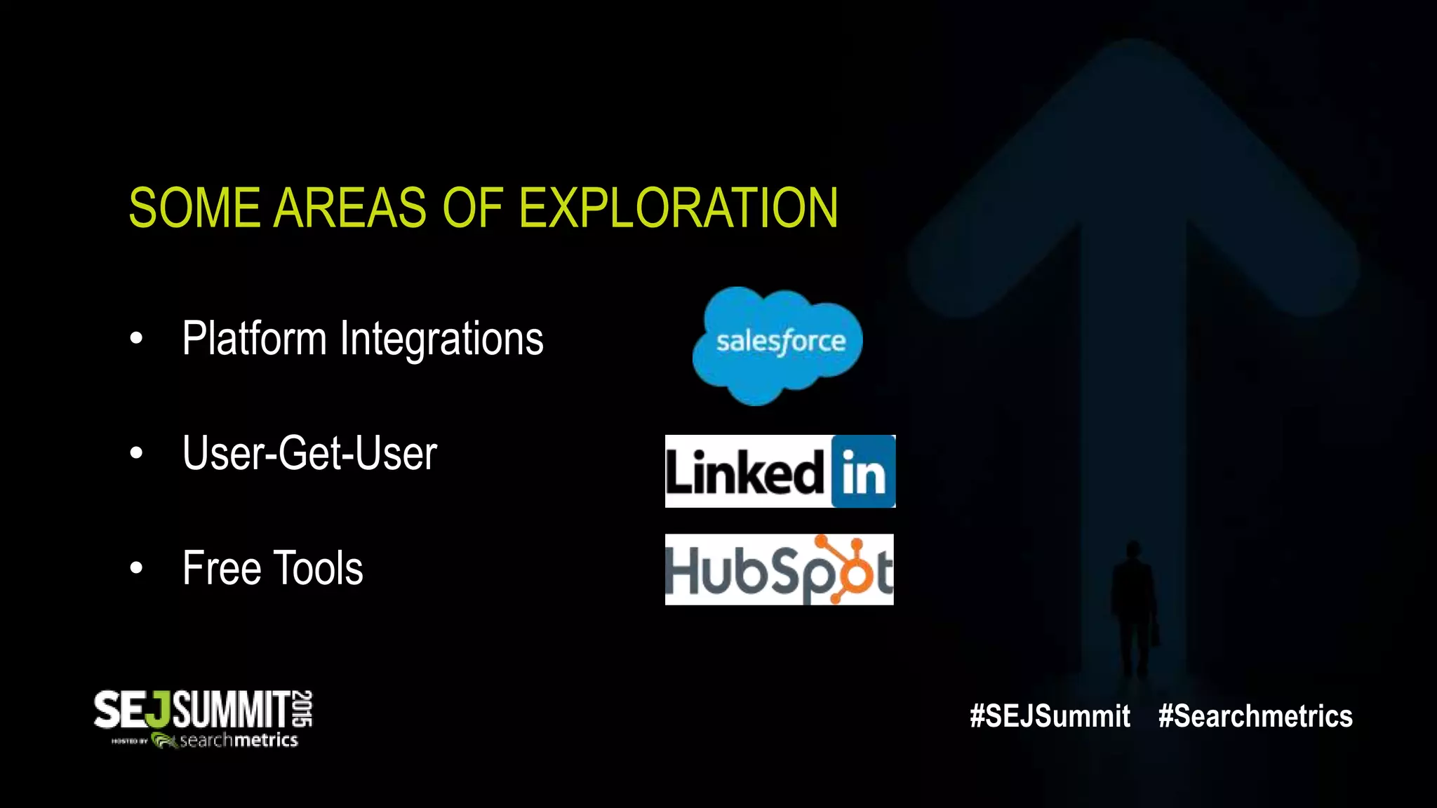 SOME AREAS OF EXPLORATION
• Platform Integrations
• User-Get-User
• Free Tools
#SEJSummit #Searchmetrics
 