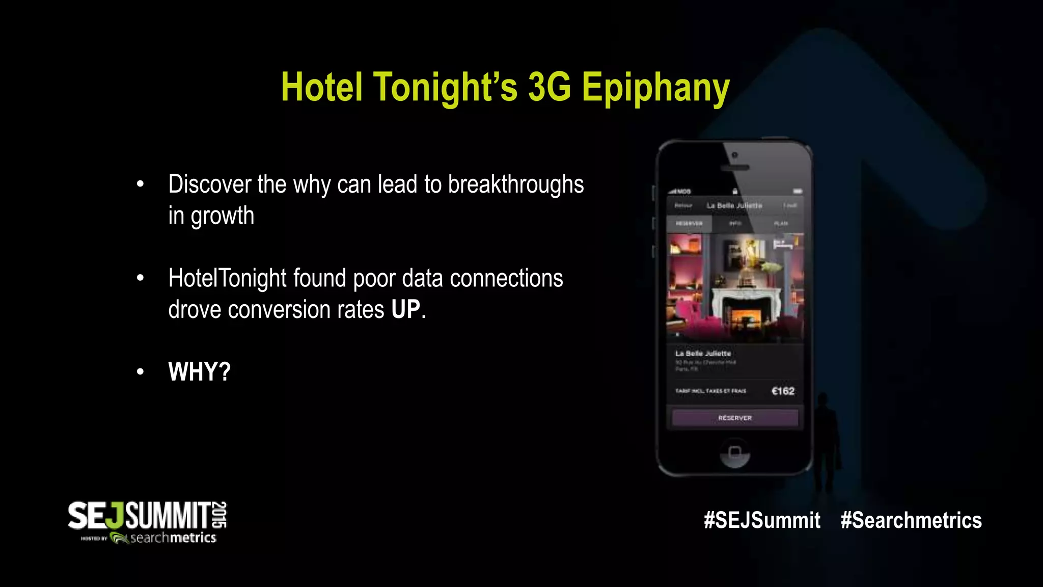 Hotel Tonight’s 3G Epiphany
• Discover the why can lead to breakthroughs
in growth
• HotelTonight found poor data connections
drove conversion rates UP.
• WHY?
#SEJSummit #Searchmetrics
 