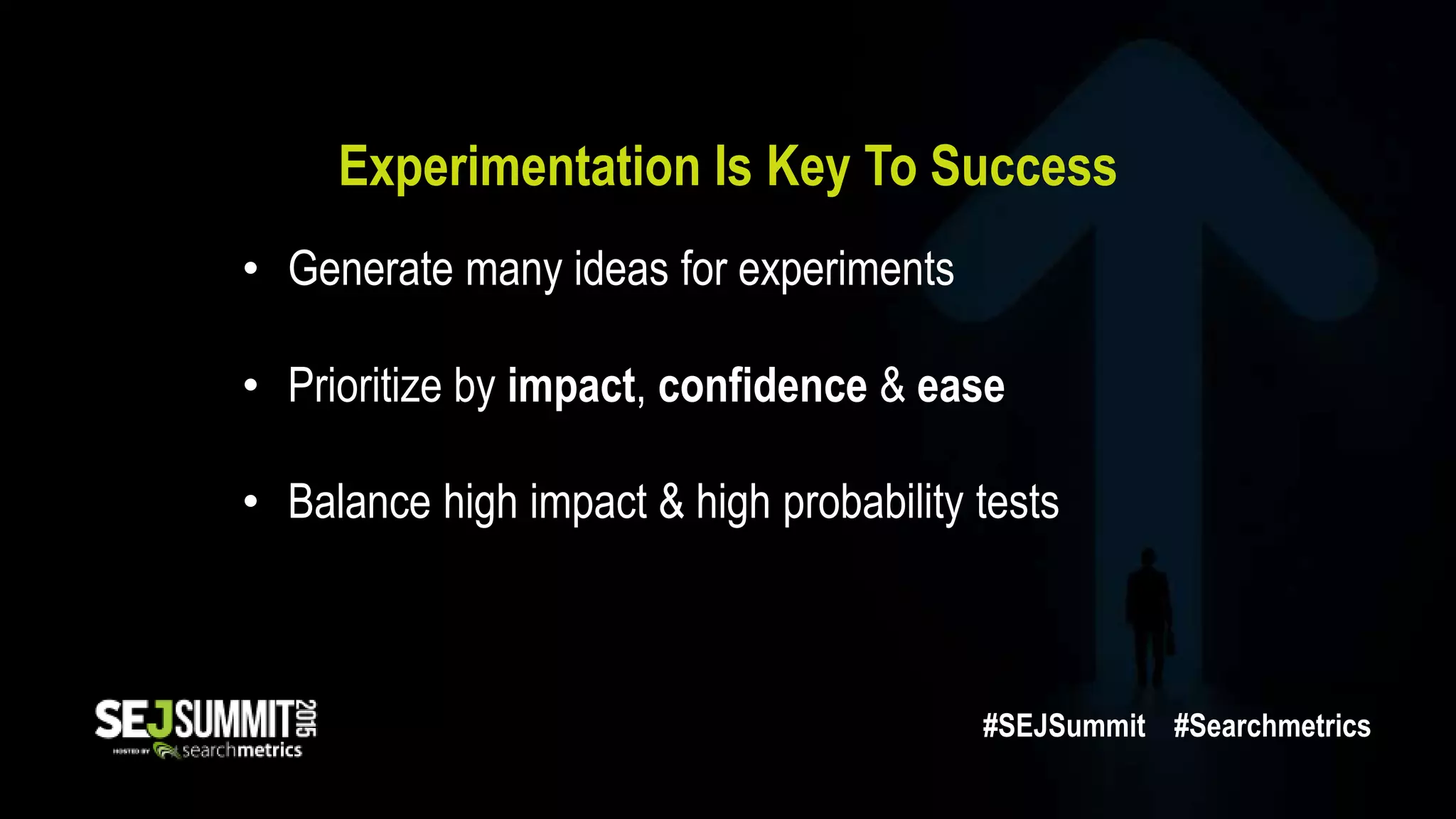 Experimentation Is Key To Success
• Generate many ideas for experiments
• Prioritize by impact, confidence & ease
• Balance high impact & high probability tests
#SEJSummit #Searchmetrics
 