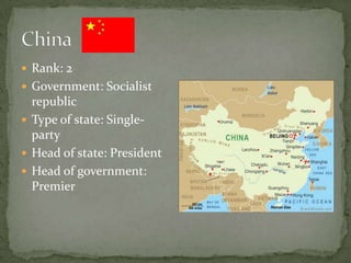  Rank: 2
 Government: Socialist
  republic
 Type of state: Single-
  party
 Head of state: President
 Head of government:
  Premier
 