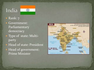  Rank: 7
 Government:
  Parliamentary
  democracy
 Type of state: Multi-
  party
 Head of state: President
 Head of government:
  Prime Minister
 