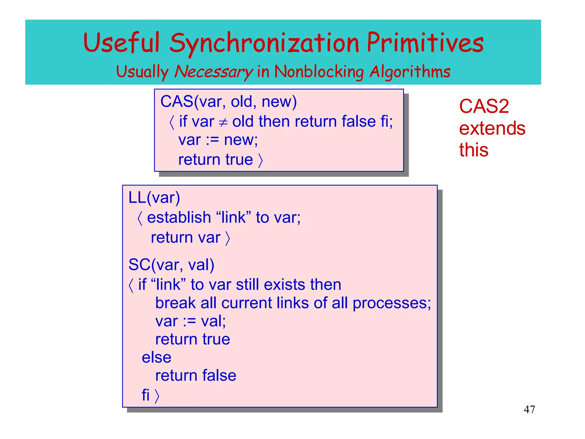 Useful Synchronization Primitives Usually  Necessary  in Nonblocking Algorithms CAS2 extends this CAS(var, old, new)    if var    old then return false fi;  var := new; return true   LL(var)    establish “link” to var; return var   SC(var, val)    if “link” to var still exists then break all current links of all processes; var := val; return true else return false fi     