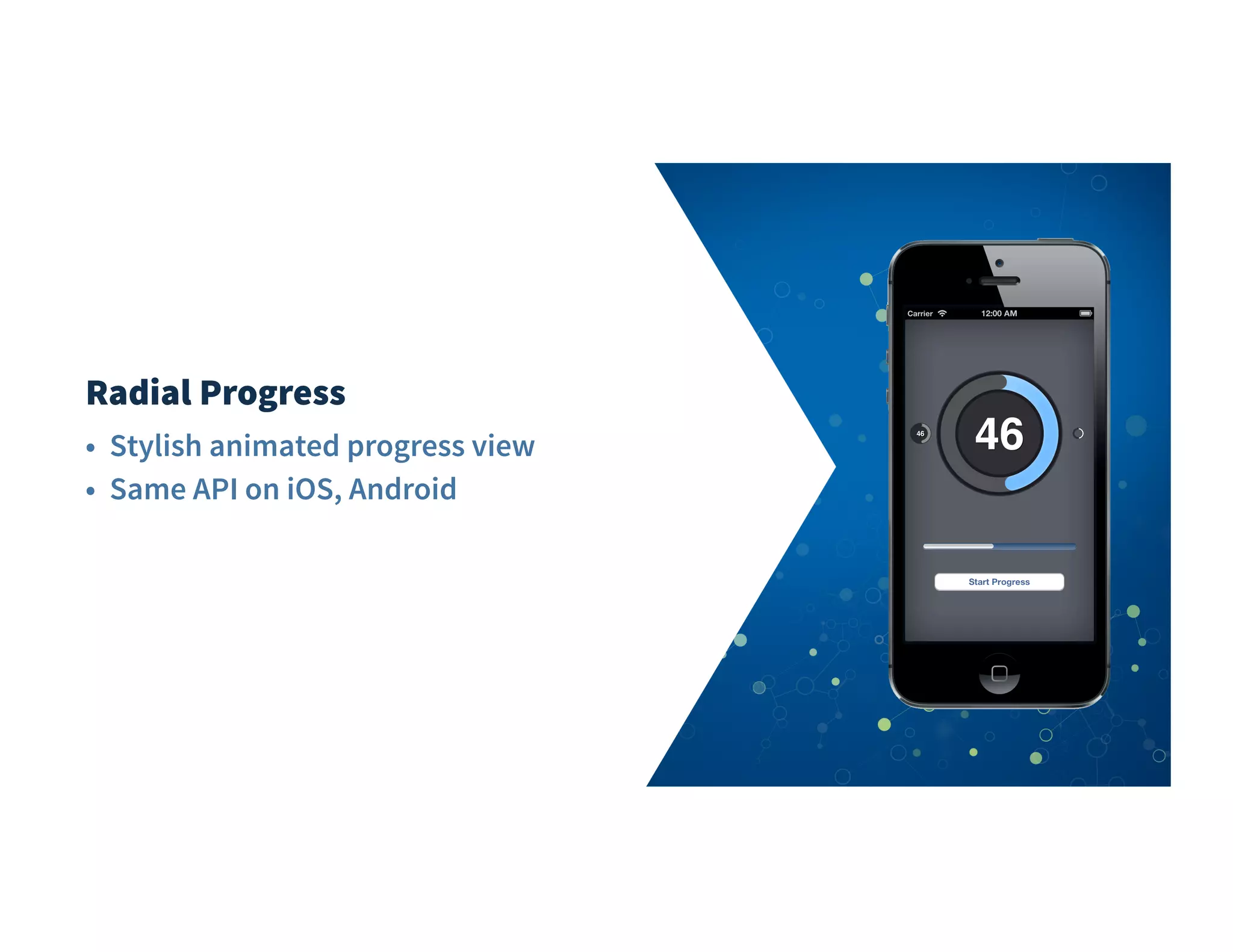 Radial Progress
• Stylish animated progress view
• Same API on iOS, Android
 