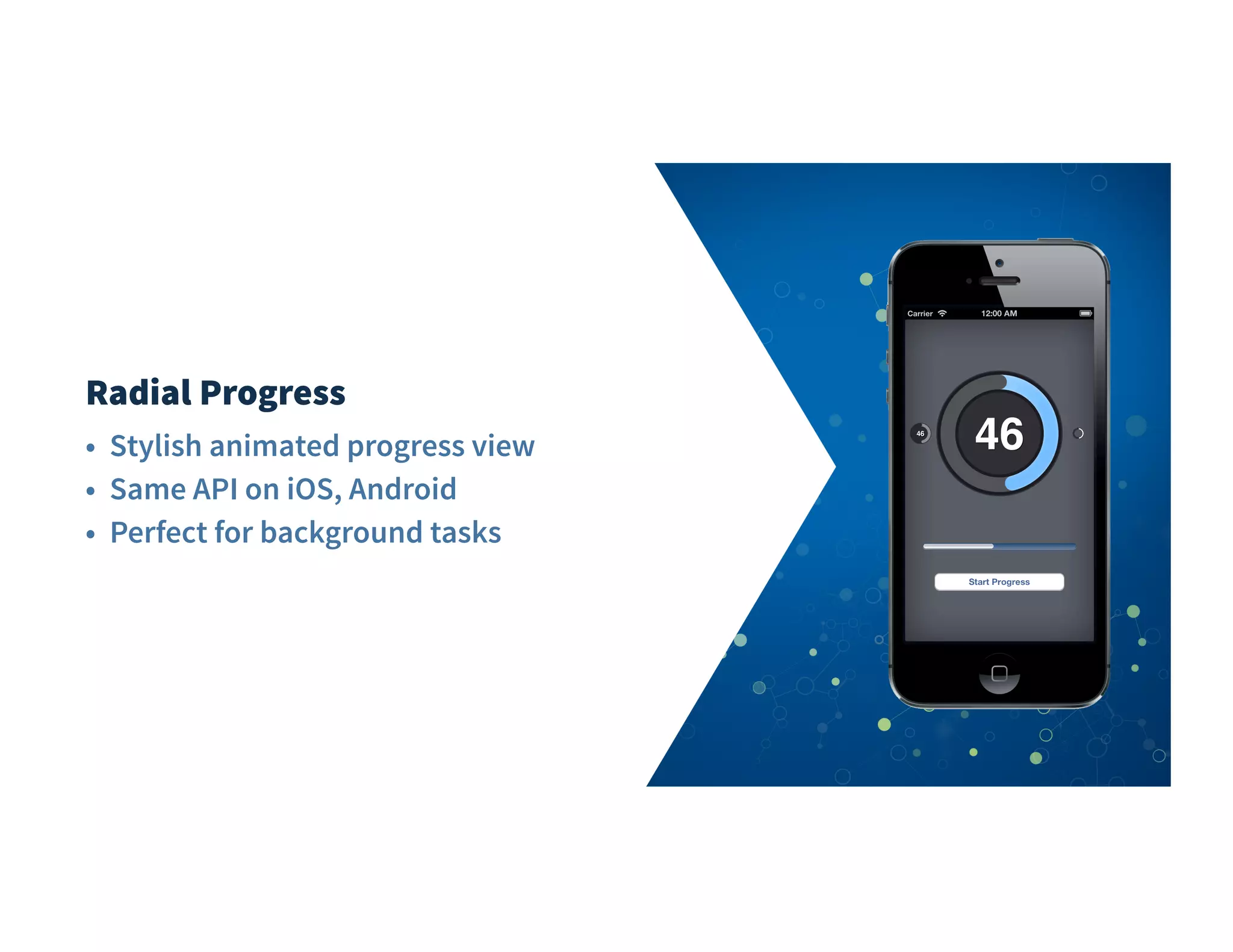 Radial Progress
• Stylish animated progress view
• Same API on iOS, Android
• Perfect for background tasks
 