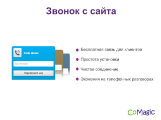 Бесплатная связь для клиентов
Простота установки
Чистое соединение
Экономия на телефонных разговорах
Звонок с сайта
 