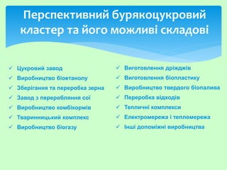 Перспективний бурякоцукровий
кластер та його можливі складові
 Цукровий завод
 Виробництво біоетанолу
 Зберігання та переробка зерна
 Завод з переробляння сої
 Виробництво комбікормів
 Тваринницький комплекс
 Виробництво біогазу
 Виготовлення дріжджів
 Виготовлення біопластику
 Виробництво твердого біопалива
 Переробка відходів
 Тепличні комплекси
 Електромережа і тепломережа
 Інші допоміжні виробництва
 