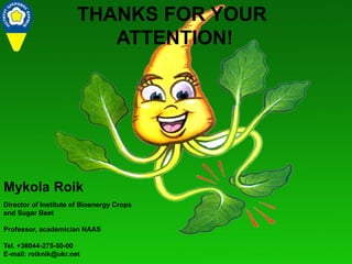 THANKS FOR YOUR
ATTENTION!
Mykola Roik
Director of Institute of Bioenergy Crops
and Sugar Beet
Professor, academician NAAS
Tel. +38044-275-50-00
E-mail: roiknik@ukr.net
 