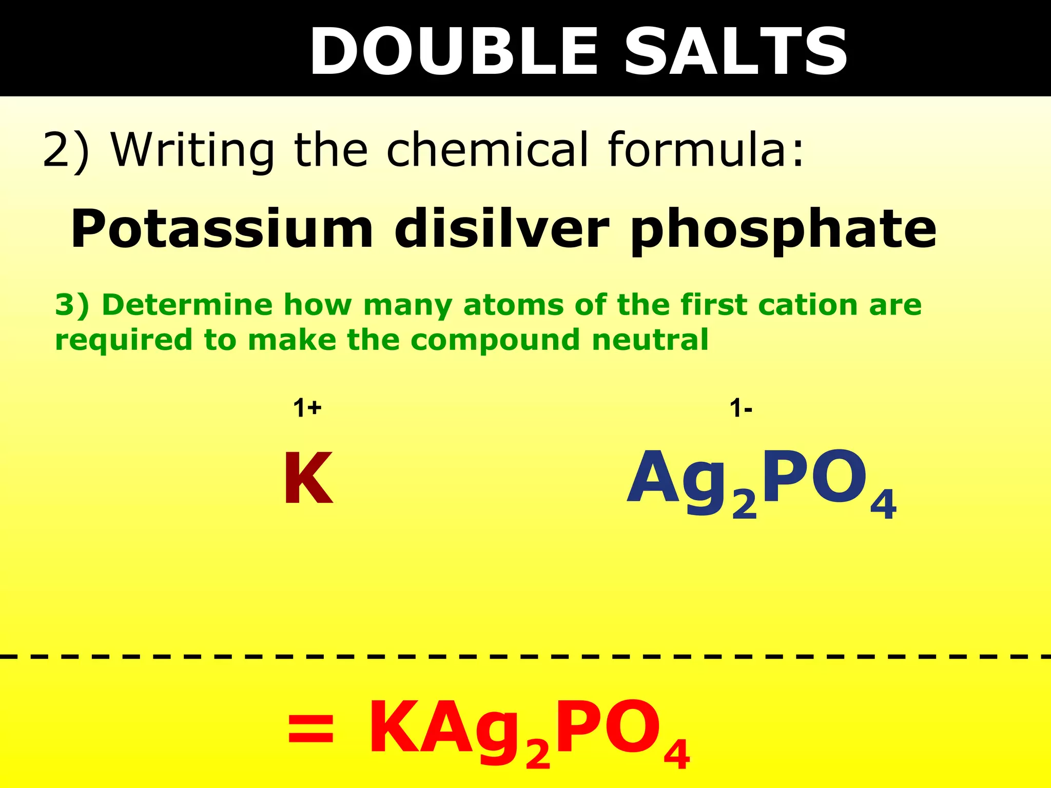 DOUBLE SALTS
2) Writing the chemical formula:
 Potassium disilver phosphate
3) Determine how many atoms of the first cation are
required to make the compound neutral

             1+                        1-


             K                   Ag2PO4


             = KAg2PO4
 