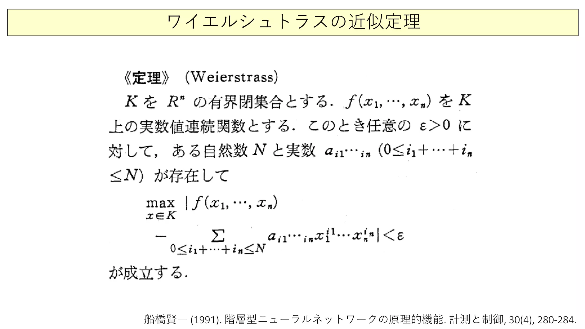 ワイエルシュトラスの近似定理
船橋賢一 (1991). 階層型ニューラルネットワークの原理的機能. 計測と制御, 30(4), 280-284.
 
