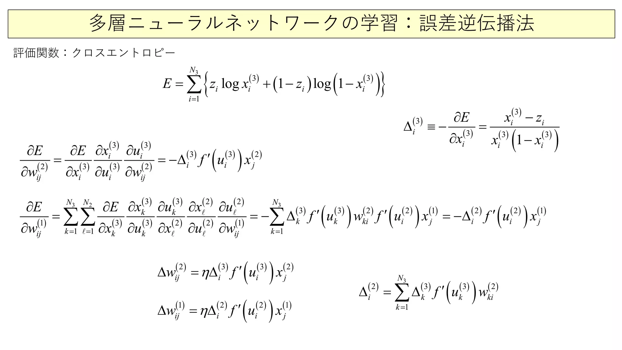 多層ニューラルネットワークの学習：誤差逆伝播法
評価関数：クロスエントロピー
( )
( ) ( )
( ){ }
3
3 3
1
log 1 log 1 i
i
iii
N
E z x z x
=
= + − −∑
( ) ( )
( )
( )
( )
( )
( ) ( )
( ) ( )
3 3
3 3 2
2 3 3 2
i i
i i j
ij i i ij
x uE E
f u x
w x u w
∂ ∂∂ ∂
′∆
∂
=
∂
−
∂ ∂
( ) ( )
( )
( )
( )
( )
( )
( )
( )
( )
( ) ( )
( ) ( ) ( )
( ) ( ) ( ) ( )
( ) ( )
3 32 3 3 2 2
3 3 2 2 1 2 2 1
1 3 2
1
3 1
1 1
2
N NN
k k
k k ki i j
k
i i j
ij k k ik j
x u x uE E
f u w f u x f u x
w x u x u w==
∂ ∂ ∂ ∂∂ ∂
′ ′ ′∆ = −∆
∂ ∂ ∂
−
∂
=
∂ ∂
∑∑ ∑ 
  
( ) ( ) ( )
( ) ( )2 3 3 2
ij i i jw f u xη ′∆=∆
( ) ( ) ( )
( ) ( )1 2 2 1
ij i i jw f u xη ′∆=∆
( ) ( ) ( )
( ) ( )
3
2 3 3 2
1
N
i k k ki
k
f u w
=
′∆ = ∆∑
( )
( )
( )
( ) ( )
( )
3
3
3 3 3
1
i i
i
i i i
x zE
x x x
−∂
∆ ≡ − =
∂ −
 