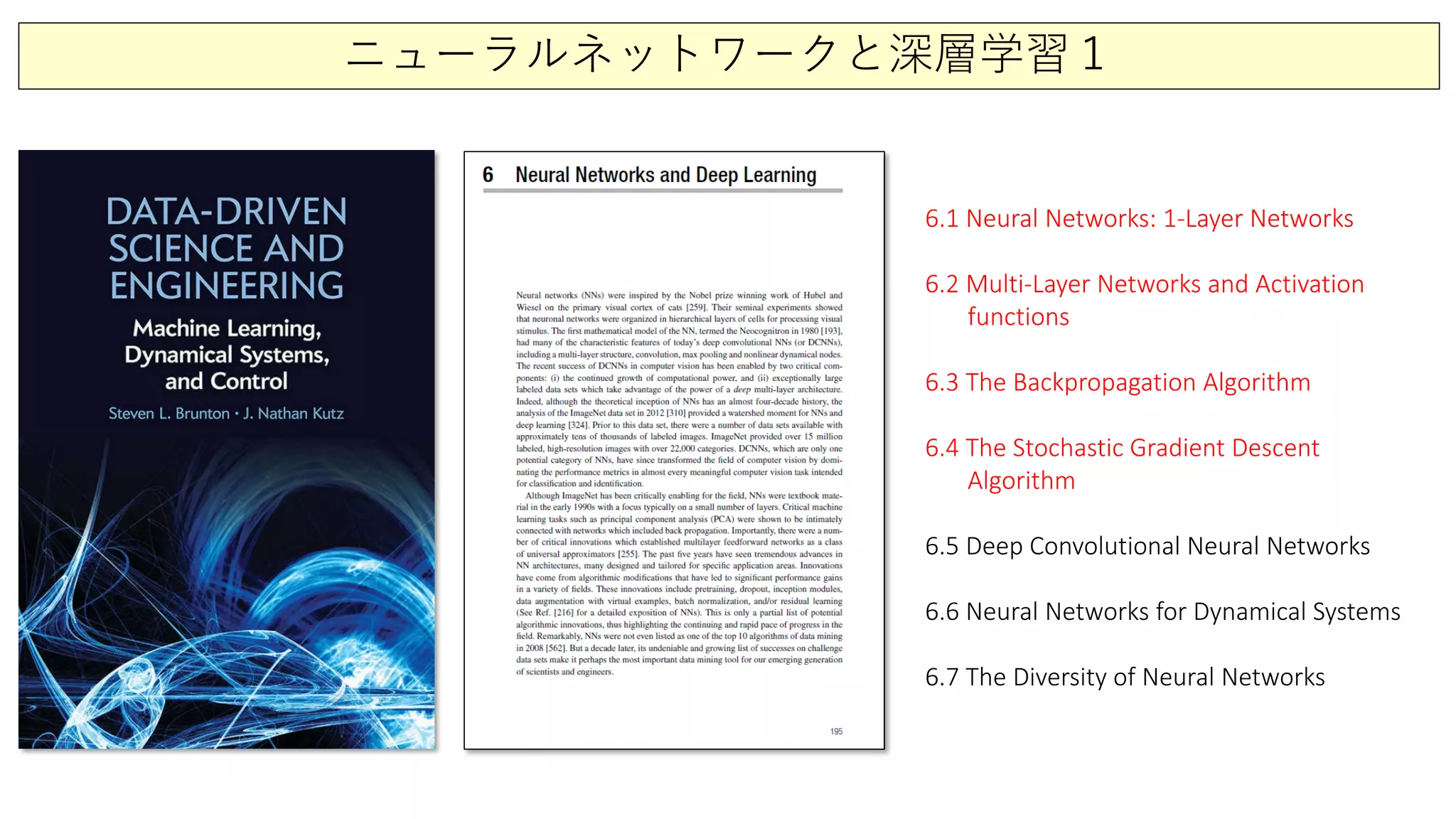 ニューラルネットワークと深層学習１
6.1 Neural Networks: 1-Layer Networks
6.2 Multi-Layer Networks and Activation
functions
6.3 The Backpropagation Algorithm
6.4 The Stochastic Gradient Descent
Algorithm
6.5 Deep Convolutional Neural Networks
6.6 Neural Networks for Dynamical Systems
6.7 The Diversity of Neural Networks
 