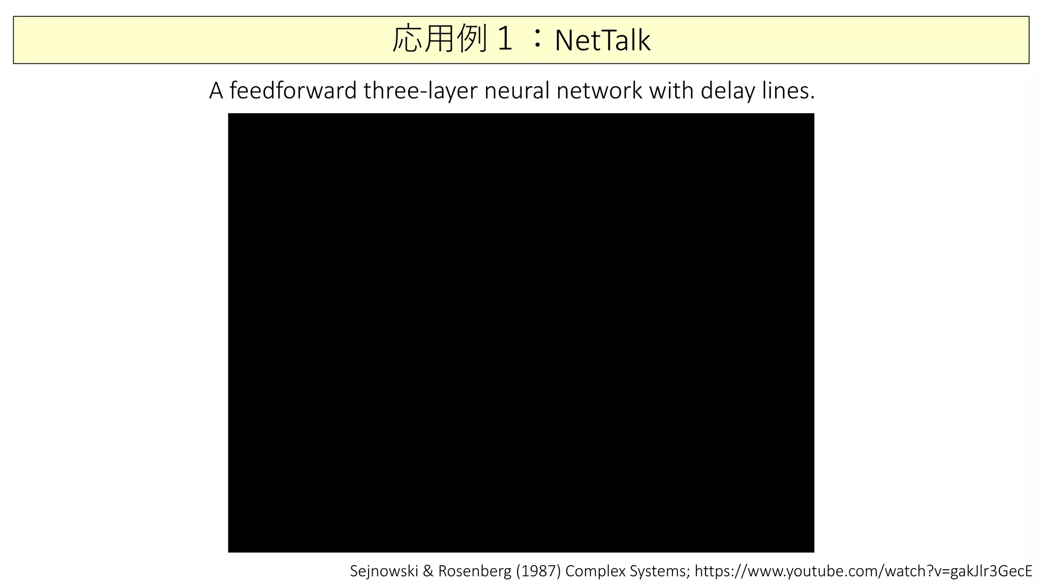 応用例１：NetTalk
Sejnowski & Rosenberg (1987) Complex Systems; https://www.youtube.com/watch?v=gakJlr3GecE
A feedforward three-layer neural network with delay lines.
 