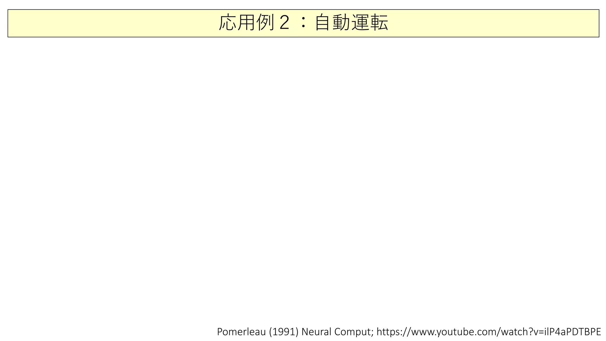 応用例２：自動運転
Pomerleau (1991) Neural Comput; https://www.youtube.com/watch?v=ilP4aPDTBPE
 