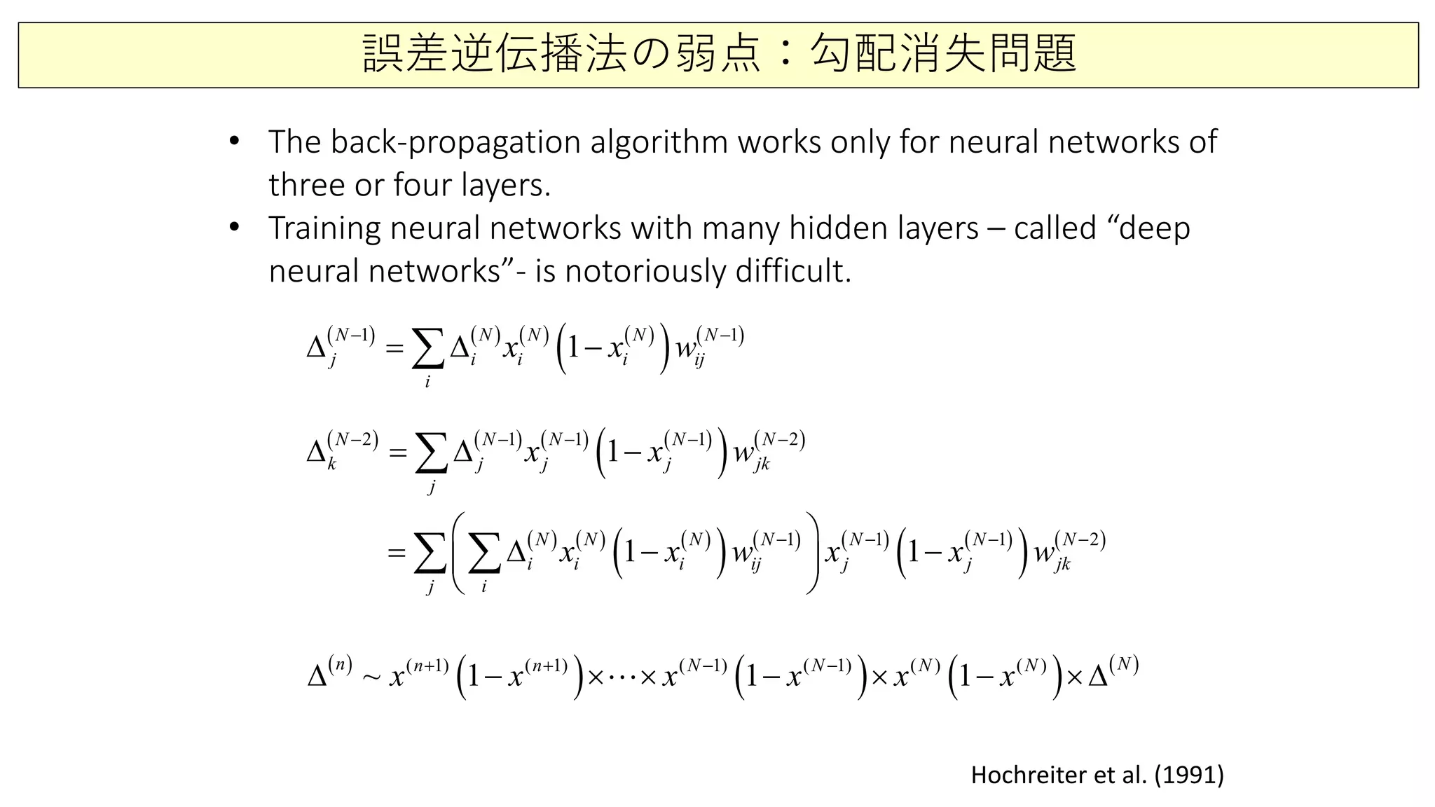 誤差逆伝播法の弱点：勾配消失問題
Hochreiter et al. (1991)
• The back-propagation algorithm works only for neural networks of
three or four layers.
• Training neural networks with many hidden layers – called “deep
neural networks”- is notoriously difficult.
( ) ( ) ( ) ( )
( ) ( )1 1
1N N N N N
j i i i ij
i
x x w− −
∆ = ∆ −∑
( ) ( ) ( ) ( )
( ) ( )
( ) ( ) ( )
( ) ( ) ( ) ( )
( ) ( )
2 1 1 1 2
1 1 1 2
1
1 1
N N N N N
k j j j jk
j
N N N N N N N
i i i ij j j jk
j i
x x w
x x w x x w
− − − − −
− − − −
∆ = ∆ −
 
= ∆ − − 
 
∑
∑ ∑
( )
( ) ( ) ( ) ( )( 1) ( 1) ( 1) ( 1) ( ) ( )
~ 1 1 1
n Nn n N N N N
x x x x x x+ + − −
∆ − × × − × − ×∆
 