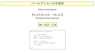 パーセプトロンの学習則
( ) ( ) ( ){ }21 1 2, , ,, , ,P Pd d dx x x
Given a training set:
Perceptron learning rule:
( )i i iydη −∆ =w x
while err>1e-4 && count<10
y = sign(w'*X)';
wnew = w + X*(d-y)/P;
wnew = wnew/norm(wnew);
count = count+1;
err = norm(w-wnew)/norm(w)
w = wnew;
end
 
