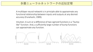 多層ニューラルネットワークの近似定理
A multilayer neural network is in principle able to approximate any
functional relationship between inputs and outputs at any desired
accuracy (Funahashi, 1989).
Intuition: A sum or a difference of two sigmoid functions is a “bump-
like” function. And, a sufficiently large number of bump functions
can approximate any function.
 
