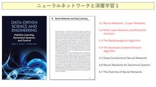 ニューラルネットワークと深層学習１
6.1 Neural Networks: 1-Layer Networks
6.2 Multi-Layer Networks and Activation
functions
6.3 The Backpropagation Algorithm
6.4 The Stochastic Gradient Descent
Algorithm
6.5 Deep Convolutional Neural Networks
6.6 Neural Networks for Dynamical Systems
6.7 The Diversity of Neural Networks
 