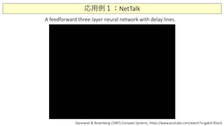 応用例１：NetTalk
Sejnowski & Rosenberg (1987) Complex Systems; https://www.youtube.com/watch?v=gakJlr3GecE
A feedforward three-layer neural network with delay lines.
 