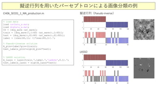 擬逆行列を用いたパーセプトロンによる画像分類の例
% load data
load catData_w.mat;
load dogData_w.mat;
CD = [dog_wave cat_wave];
train = [dog_wave(:,1:60) cat_wave(:,1:60)];
test = [dog_wave(:,61:80) cat_wave(:,61:80)];
label = [ones(60,1); -1*ones(60,1)].';
% Pseudo-inverse solution
A_pinv=label*pinv(train);
test_labels_pinv=sign(A_pinv*test);
% LASSO solution
A_lasso = lasso(train.',label.','Lambda',0.1).';
test_labels_lasso = sign(A_lasso*test);
CH06_SEC01_1_NN_production.m 擬逆行列（Pseudo-inverse）
LASSO
 