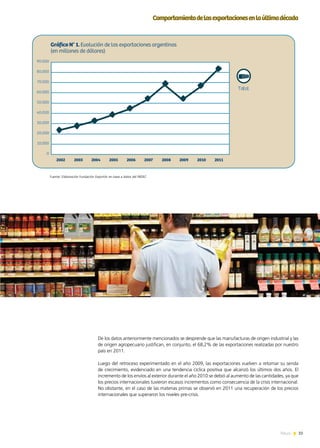 33News
Comportamientodelasexportacionesenlaúltimadécada
0
10.000
20.000
30.000
40.000
50.000
60.000
70.000
80.000
90.000
Total
Fuente: Elaboración Fundación ExportAr en base a datos del INDEC
Gráfico N° 1. Evolución de las exportaciones argentinas
(en millones de dólares)
De los datos anteriormente mencionados se desprende que las manufacturas de origen industrial y las
de origen agropecuario justifican, en conjunto, el 68,2% de las exportaciones realizadas por nuestro
país en 2011.
Luego del retroceso experimentado en el año 2009, las exportaciones vuelven a retomar su senda
de crecimiento, evidenciado en una tendencia cíclica positiva que alcanzó los últimos dos años. El
incremento de los envíos al exterior durante el año 2010 se debió al aumento de las cantidades, ya que
los precios internacionales tuvieron escasos incrementos como consecuencia de la crisis internacional.
No obstante, en el caso de las materias primas se observó en 2011 una recuperación de los precios
internacionales que superaron los niveles pre-crisis.
 