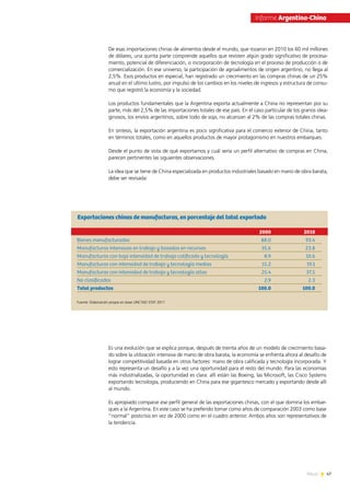 47News
De esas importaciones chinas de alimentos desde el mundo, que rozaron en 2010 los 60 mil millones
de dólares, una quinta parte comprende aquellos que revisten algún grado significativo de procesa-
miento, potencial de diferenciación, o incorporación de tecnología en el proceso de producción o de
comercialización. En ese universo, la participación de agroalimentos de origen argentino, no llega al
2,5%. Esos productos en especial, han registrado un crecimiento en las compras chinas de un 25%
anual en el último lustro, por impulso de los cambios en los niveles de ingresos y estructura de consu-
mo que registró la economía y la sociedad.
Los productos fundamentales que la Argentina exporta actualmente a China no representan por su
parte, más del 2,5% de las importaciones totales de ese país. En el caso particular de los granos olea-
ginosos, los envíos argentinos, sobre todo de soja, no alcanzan al 2% de las compras totales chinas.
En síntesis, la exportación argentina es poco significativa para el comercio exterior de China, tanto
en términos totales, como en aquellos productos de mayor protagonismo en nuestros embarques.
Desde el punto de vista de qué exportamos y cuál sería un perfil alternativo de compras en China,
parecen pertinentes las siguientes observaciones.
La idea que se tiene de China especializada en productos industriales basado en mano de obra barata,
debe ser revisada:
Fuente: Elaboración propia en base UNCTAD STAT 2011
Bienes manufacturados
Manufacturas intensivas en trabajo y basadas en recursos
Manufacturas con baja intensidad de trabajo calificado y tecnología
Manufacturas con intensidad de trabajo y tecnología medias
Manufacturas con intensidad de trabajo y tecnología altas
No clasificados
Total productos
2000
88.0
35.6
8.9
15.2
25.4
2.9
100.0
2010
93.4
23.8
10.6
19.1
37.5
2.3
100.0
Exportaciones chinas de manufacturas, en porcentaje del total exportado
Es una evolución que se explica porque, después de treinta años de un modelo de crecimiento basa-
do sobre la utilización intensiva de mano de obra barata, la economía se enfrenta ahora al desafío de
lograr competitividad basada en otros factores: mano de obra calificada y tecnología incorporada. Y
esto representa un desafío y a la vez una oportunidad para el resto del mundo. Para las economías
más industrializadas, la oportunidad es clara: allí están las Boeing, las Microsoft, las Cisco Systems
exportando tecnología, produciendo en China para ese gigantesco mercado y exportando desde allí
al mundo.
Es apropiado comparar ese perfil general de las exportaciones chinas, con el que domina los embar-
ques a la Argentina. En este caso se ha preferido tomar como años de comparación 2003 como base
“normal” postcrisis en vez de 2000 como en el cuadro anterior. Ambos años son representativos de
la tendencia.
Informe Argentina-China
 