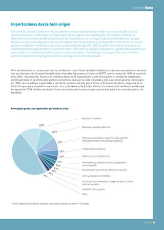 79News
A fin de demostrar su compromiso con los cambios en curso, Rusia también estableció un régimen arancelario en armonía
con los miembros del Acuerdo General sobre Aranceles Aduaneros y Comercio (GATT), que en enero de 1995 se convirtió
en la OMC. Actualmente, Rusia no es miembro pleno de la organización y sólo forma parte en calidad de observador,
constituyéndose en la última gran potencia económica que aún no está integrada a ella. Las conversaciones comenzaron
en 1993, pero quedaron suspendidas a raíz de la renuencia de este país a firmar el Protocolo de Kyoto, exigencia de la
Unión Europea para respaldar la aspiración rusa, y del rechazo de Estados Unidos a la intervención de Moscú en Georgia
en agosto de 2008. Ambos obstáculos fueron removidos por lo que se espera que el país pase a ser miembro pleno a la
brevedad.
Principales productos importados por Rusia en 2010
79News
Informe Rusia
Importaciones desde todo origen
Tal como se comentó previamente, las reformas encaradas en el sector externo durante la década del
noventa llevaron a liberalizar la mayor parte de su régimen de importación. Entre otros cambios, la
Federación eliminó las barreras aduaneras no arancelarias en la mayoría de las importaciones, aunque
todavía se requieren algunas licencias por razones de salud pública y de seguridad. Cabe destacar que los
cambios no fueron inmediatos; de hecho, para mediados del año 1992 el gobierno tomó el control de las
importaciones de algunos bienes fundamentales, incluidos los equipos industriales y productos alimenticios,
que vendía a los usuarios finales a precios subvencionados. Sin embargo, la mayoría de esos controles
fueron desapareciendo progresivamente a lo largo de la década pasada.
Productos farmacéuticos
Instrumentos y aparatos de óptica, fotografía o
cinematografía
Máquinas, aparatos eléctricos
Reactores nucleares
Vehículos automóviles, tractores, ciclos y demás
vehículos terrestres, sus partes y accesorios.
Plásticos y sus manufacturas
Manufacturas de fundición, de hierro o de acero
Frutas y frutos comestibles, cortezas de agrios, cítricos,
melones o sandías
Carne y despojos comestibles
Fundición hierro y acero
Resto
Fuente: Elaboración Fundación ExportAr sobre datos provistos por WITTS / Comtrade
 