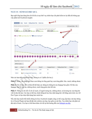10 ngày để làm chủ facebook 2012
19 OnlineSeeding.Vn – Tin tức & Thủ thuật mạng xã hội
NGÀY 10 - ĐÁNH GIÁ HIỆU QUẢ.
Bạn nghĩ rằng bạn đang làm rất tốt tất cả mọi thứ? tuy nhiên bạn cần phải kiểm tra lại điều đó thông qua
việc phân tích Facebook insights
Như các bạn thấy ở hình bên trên, chúng ta có 3 phần cần lưu ý:
Phần 1: Menu, cho phép bạn chọn xem thông tin tổng quát hay xem từng phần: like, reach, talking about.
Phần 2: Chỉ số theo dõi và biểu đồ thể hiện các thông tin thống kê của fanpage bao gồm: Số like của
fanpage, bạn bè của fan, talking about, reach tăng giảm như thế nào.
Phần 3: Thống kê chi tiết về chỉ số reach, số người tương tác, talking about, tỷ lệ tương tác của từng bài
viết là như thế nào. Các bạn có thể tùy chỉnh thống kê lọc theo định dạng bài viết bằng cách click vào All
Post Types và lựa chọn định dạng bạn muốn lọc.
Nếu như bạn muốn biết nhiều thông tin hơn, Facebook insights cũng có thể cung cấp được cho bạn thông
tin về Social Plugin mà bạn đã đặt trên website của bạn, bao gồm cả nút like. Tuy nhiên bạn cần phải cài
đặt một số bước. Các bạn có thể tham khảo chi tiết tại bài hướng dẫn của Hubspot sau đây.
 