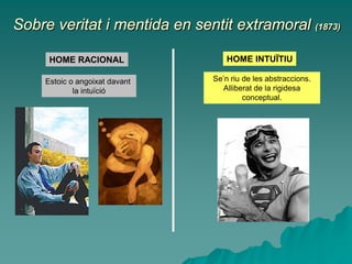 Sobre veritat i mentida en sentit extramoral (1873)
HOME RACIONAL HOME INTUÏTIU
Estoic o angoixat davant
la intuïció
Se’n riu de les abstraccions.
Alliberat de la rigidesa
conceptual.
 