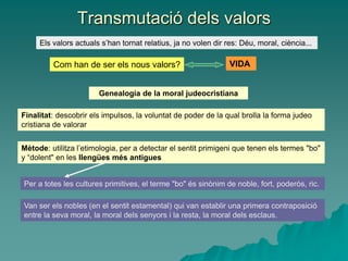 Transmutació dels valors
Els valors actuals s’han tornat relatius, ja no volen dir res: Déu, moral, ciència...
Com han de ser els nous valors? VIDA
Genealogia de la moral judeocristiana
Finalitat: descobrir els impulsos, la voluntat de poder de la qual brolla la forma judeo
cristiana de valorar
Mètode: utilitza l’etimologia, per a detectar el sentit primigeni que tenen els termes "bo"
y “dolent" en les llengües més antigues
Per a totes les cultures primitives, el terme "bo" és sinònim de noble, fort, poderós, ric.
Van ser els nobles (en el sentit estamental) qui van establir una primera contraposició
entre la seva moral, la moral dels senyors i la resta, la moral dels esclaus.
 