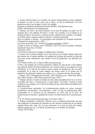 3. Autores institucionales. Los nombres de autores institucionales se usan completos
la primera vez que se citan, junto con su sigla y el año de publicación. En citas
posteriores solo se usa la sigla y el año. Por ejemplo:
(Instituto Colombiano de Bienestar Familiar [ICBF], 1993) [primera cita]
(ICBF, 1994) [primera cita subsiguiente]
4. Trabajos sin autor o con autor anónimo. En el caso de trabajos sin autor, cite las
primeras dos o tres palabras del título y el año. Use comillas si es el trabajo es un
capítulo de libro o un artículo, y subraye el título, además de las comillas, si el trabajo
es un libro entero, magazín, folleto o informe. A manera de ejemplo:
Para un capítulo o artículo: "La psicología como profesión en constante desarrollo
("Perspectivas profesionales", 1993)…"
En el caso de un libro, etc.: "El libro "La mente encarnada", (1998)... "
Cuando el autor se designa como "Anónimo", cite en el texto la palabra Anónimo
seguida por una coma y la fecha:
(Anónimo, 1997)
En la lista de referencias el trabajo se alfabetiza por Anónimo.
5. Autores con el mismo apellido. En el caso de que en el mismo trabajo aparezcan
dos autores con el mismo apellido, cite además las iniciales del nombre en todas las
citas para evitar confusiones, aún cuando el año de publicación sea diferente Por
ejemplo:
"S. D. Dikes (1983) y B. A. Dikes (1986) encontraron que... "
6. Dos o más trabajos en el mismo paréntesis. Ordene las citas de dos o más trabajos
que aparecen dentro del mismo paréntesis en el mismo orden en que aparecen en las
referencias. Si se trata de los mismos autores ordene los trabajos por año en orden
ascendente. Si se trata de varios trabajos del mismo autor en el mismo año se
identifican los diferentes trabajos con sufijos a, b, c, d después del año. Por ejemplo:
"...(Baum, 1993; Christophersen & Finney, 1993; Patterson et al., 1989; Rey, 2001a;
Rey, 2001b; Robins, 1999; Wicks-Nelson & Israel, 1997)..."
7. Trabajos clásicos. Cuando un trabajo no tiene fecha de publicación cite en el texto
el nombre del autor y la abreviatura s.f. para indicar "sin fecha". Cuando la fecha
original es muy antigua, cite el año de la traducción que usted utilizó precedido por la
abreviatura trad.
8. Comunicaciones personales. Las comunicaciones pueden ser cartas, mensajes
electrónicos, memorandos, conversaciones y otras. Ya que no proporcionan datos
recuperables no se incluyen en las referencias. Se citan solo en el texto. Se
proporcionan las iniciales y apellido del emisor y la fecha exacta de la comunicación,
así:
"...K. W. Schaie (comunicación personal, 19 de abril, 1983)..."
9. Trabajos reeditados o traducidos. Muchas veces se emplean documentos que han
sido traducidos al castellano de originales en otro idioma o reediciones de un trabajo
original hecho años atrás. En ese caso mencione en el texto la fecha del trabajo
original seguido por un / y el año de la edición que es su fuente. Por ejemplo:
"Freud, (1923/1968)..."




                                            15
 