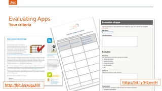 Evaluating Apps
Your criteria

http://bit.ly/xug4HV

http://bit.ly/HEwviH

 